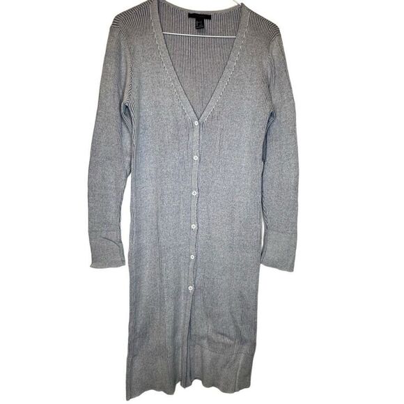 Forever 21 Ribbed Knit V-Neck Button Front Long Cardigan Sweater Blue Gray Large - Picture 1 of 4
